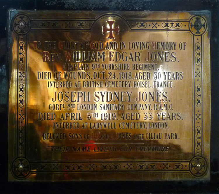 The Memorial in Holy Trinity Church, Aberaeron, for the Revd William Edgar Jones and his Brother Joseph Sydney Jones