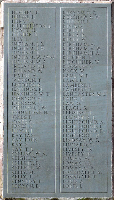 Private Lord's Name on the War Memorial for Accrington (Lancashire)