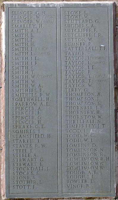 Private Sudder's Name on the War Memorial for Accrington (Lancashire)