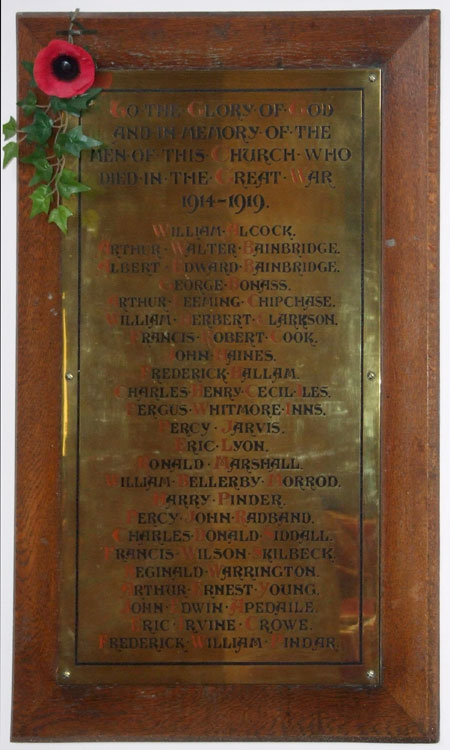 The War Memorial Plaque in Acomb's Methodist Church