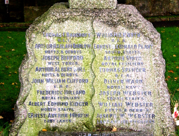 The WW1 names on the War Memorial for Allestree, Derbyshire