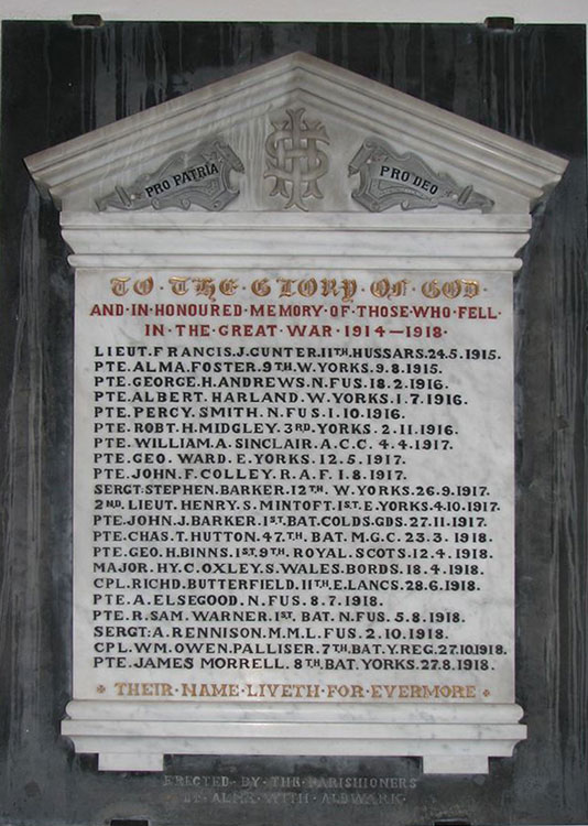 The First World War Memorial for Alne-with-Aldwark in the Church of St Mary the Virgin