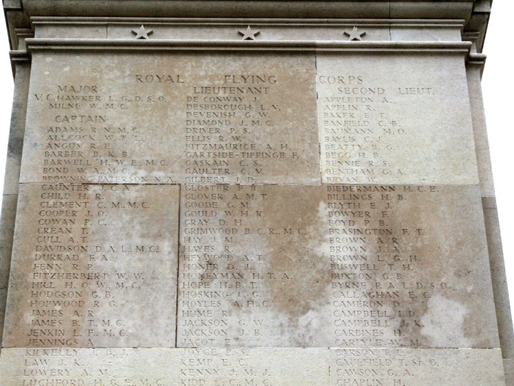 The commemoration on the Arras Flying Services Memorial which includes the name of Lieutenant Kemp.