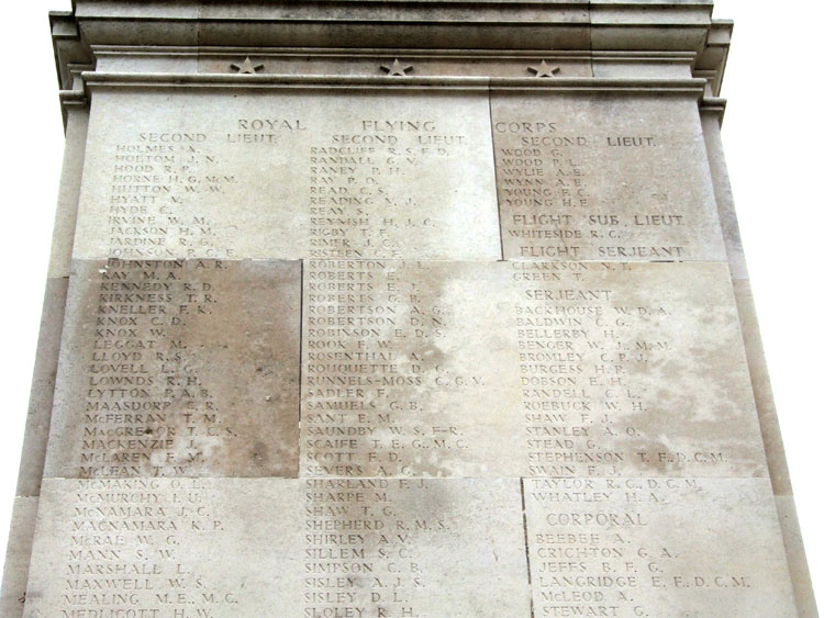 The commemoration on the Arras Flying Services Memorial which includes the names of 2nd Lieutenants Roberton and Saundby.