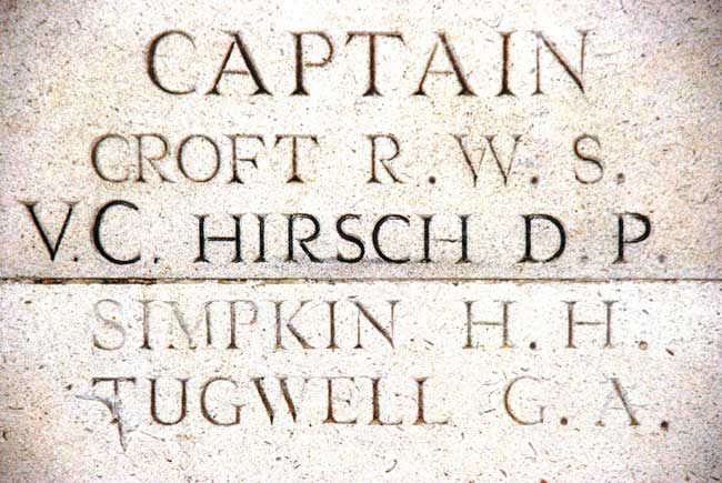 Detail of the above Panel on the Arras Memorial showing the name of Captain Hirsch, VC.