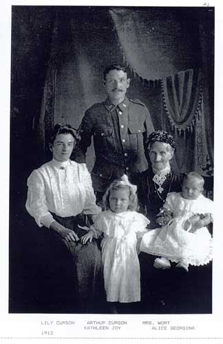 A photograph taken in 1912 showing Lily Curson, Arthur Curson,  Kathleen Joy Curson, Mrs Wort, and Alice Georgina Curson 