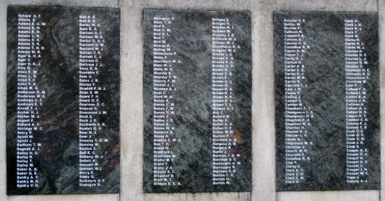 Panels 1 - 3 (Names "A" - "C") on the War Memorial for Barking (Essex)