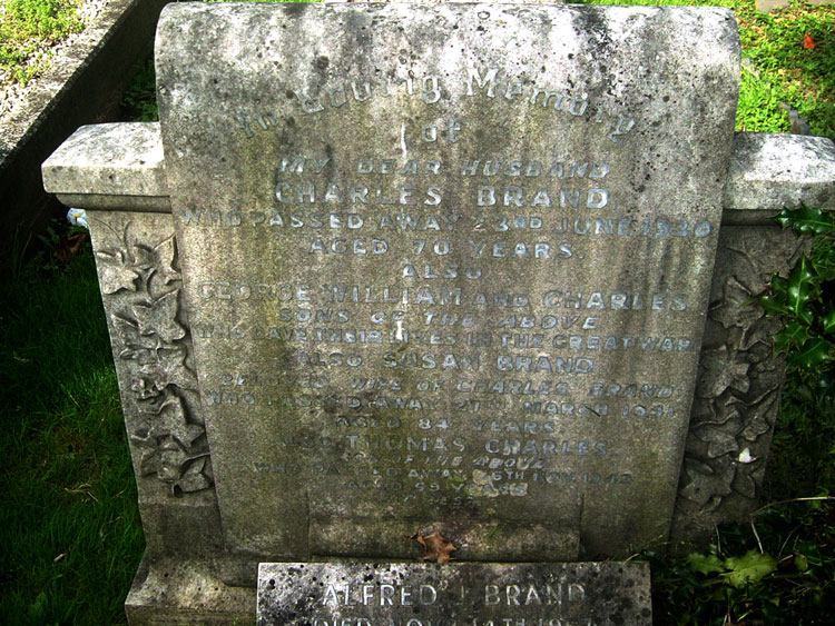 The Brand Family Memorial Headstone in Barkingside Cemetery (Essex).