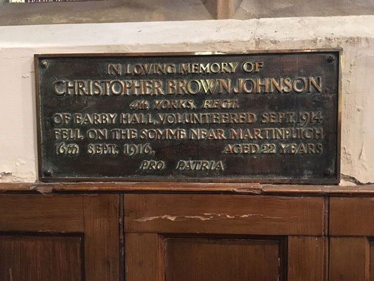 The Memorial Plaque to Private Johnson in St. Michael's Church, Barningham