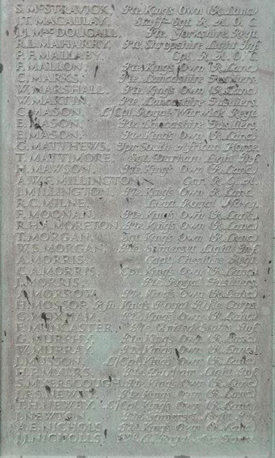 Ptes McDougall's and Myers' names on the War Memorial, - Barrow-in-Furness