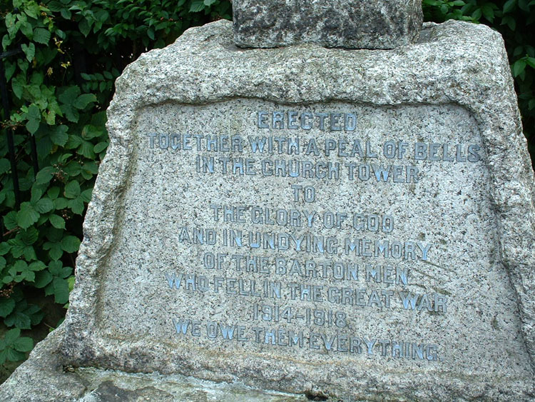 The Dedication on the Barton War Memorial.