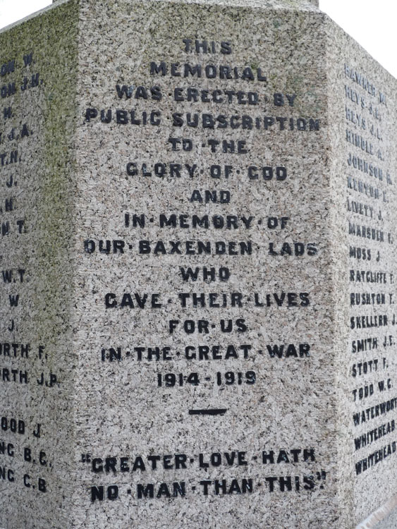 The Dedication on the Baxenden Memorial.