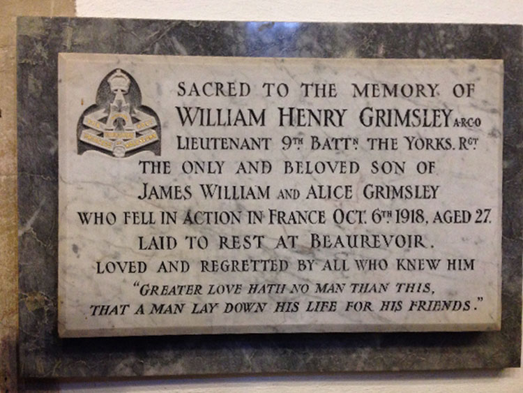 The Memorial to Lieutenant Grimsley in St. Edburg's Church, Bicester 