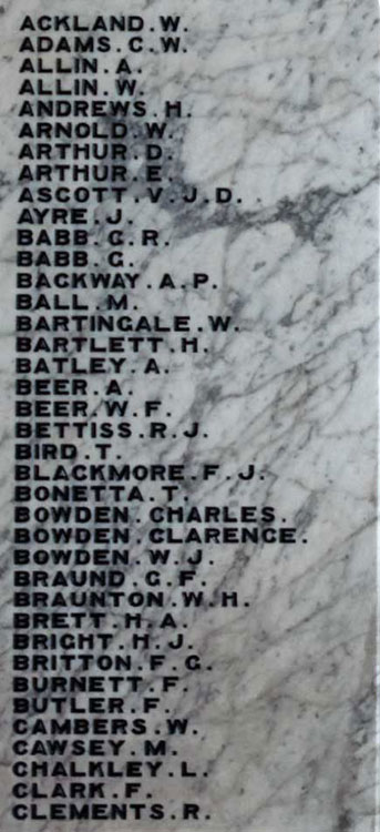 The panels on the First World War Memorial bearing the names of Privates Butler and Kinsman