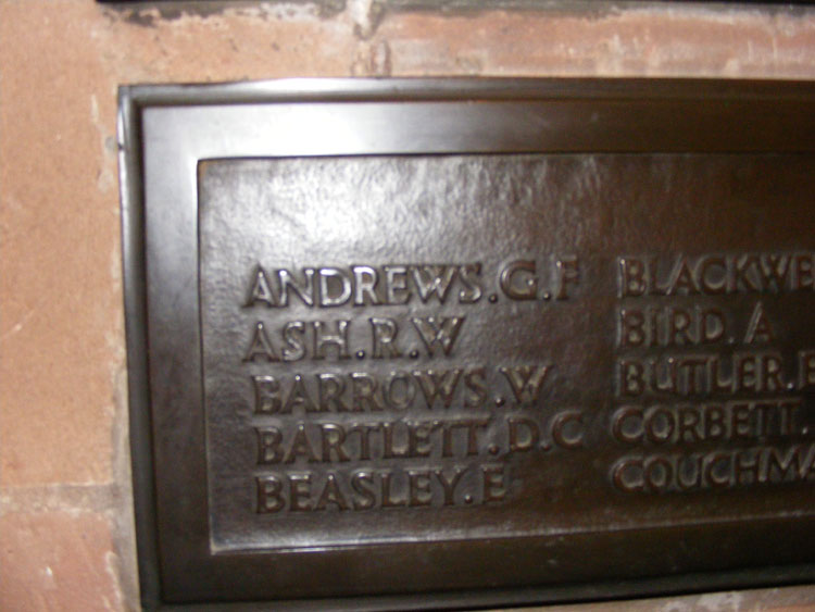 Private Andrews' Name on the War Memorial in St. Edburgha's Church, Yardley (Birmingham)