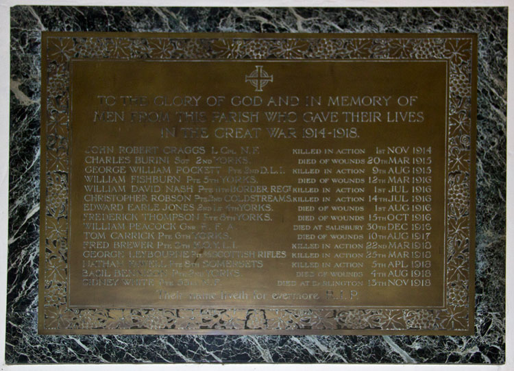 The First World War Memorial Plaque in St. Mary's Church, Bolton-on-Swale