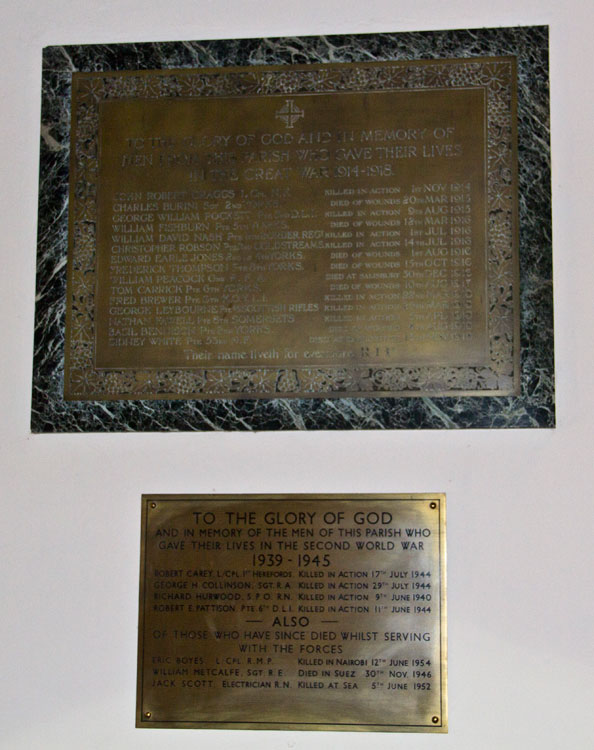 The Two War Memorial Plaque in St. Mary's Church, Bolton-on-Swale