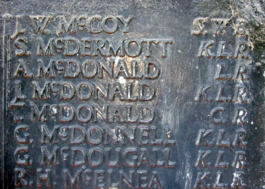 The Panel on the Bootle War Memorial Which includes the Name of Private McDonald