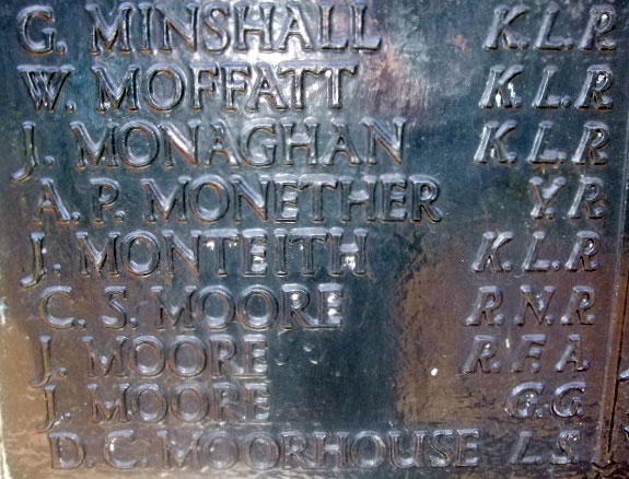 The Panel on the Bootle War Memorial Which includes the Name of Private Monether