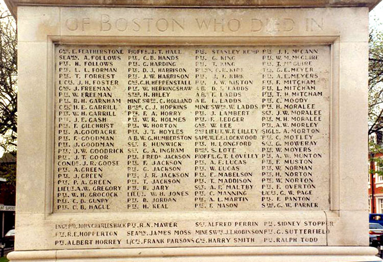 Names "F" - "P" (First World War) on the Boston (Lincs) War Memoria