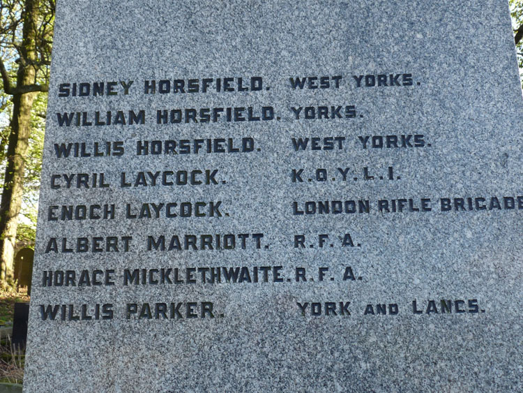 Private Horsfield's Name on the Bradfield War Memorial.