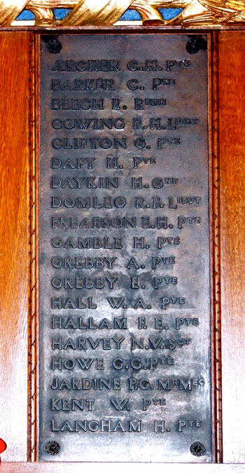 The commemorative plaques on the St. Michael's Church, Breaston, War Memorial showing the namesof Privates Hallam (left) and Winson(right) 