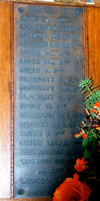 The commemorative plaques on the St. Michael's Church, Breaston, War Memorial showing the namesof Privates Hallam (left) and Winson(right) 