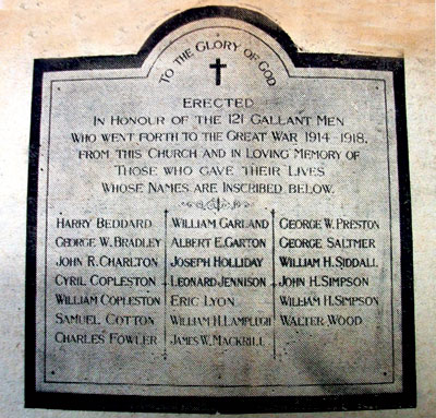 The War memorial inside the United Methodist Church, Bridlington