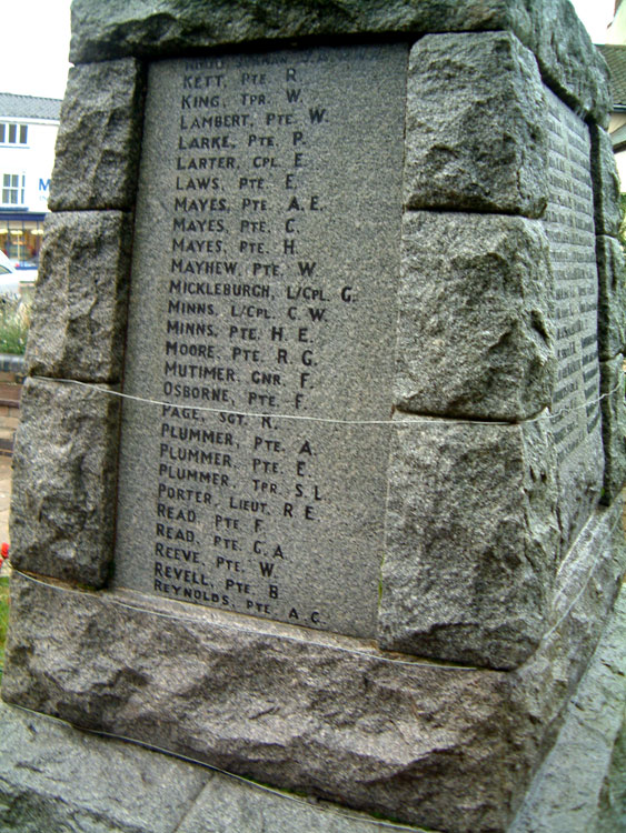 Detail of the War Memorial, - Bungay, Suffolk (Private Maye's name centre). 