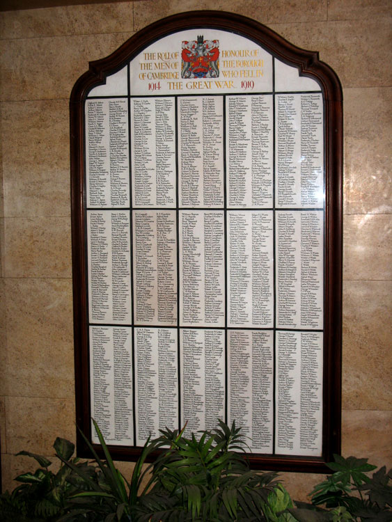 The First World War Memorial Plaque in Cambridge's Guildhall