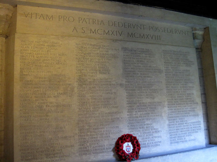 The First World War War Memorial for Jesus College, Cambridge University