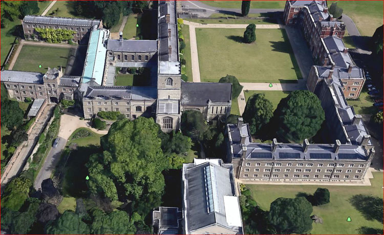 The Google Earth Satellite View of the Chapel, Jesus College (Cambridge University). View Looking North.