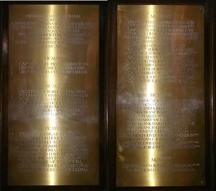 The First World War War Memorial for Peterhouse College, Cambridge University