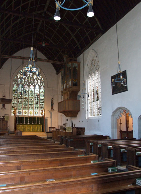 The Interior of the Church of St. Mary the Less, Cambridge. The Lady Chapel and War Memorial are on the Right.