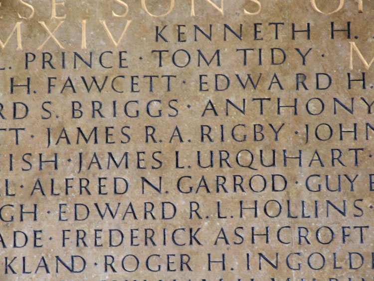 Lieutenant Rigby's name on the War Memorial for Emmanuel College, Cambridge