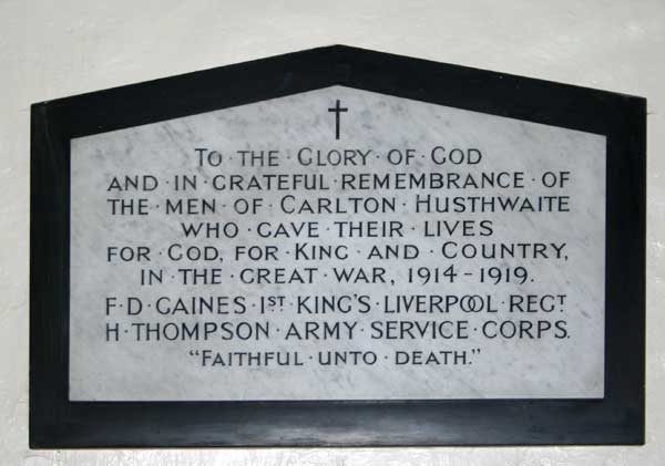 The memorial plaque in the Church of St. Mary, Carlton Husthwaite.