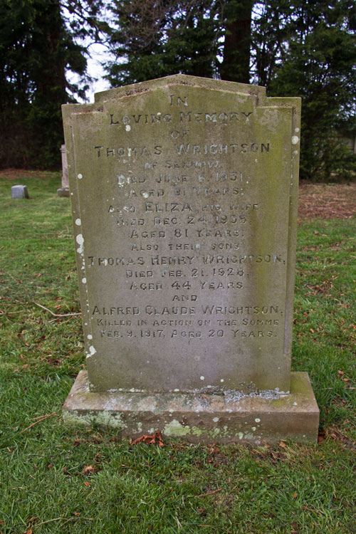 The Headstone on which Private Alfred Wrightson is Commemorated in the Churchyard of St. Botolph's, Carlton