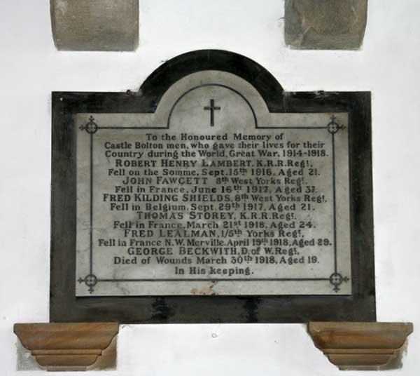 The War Memorial in St. Oswald's Church, Castle Bolton