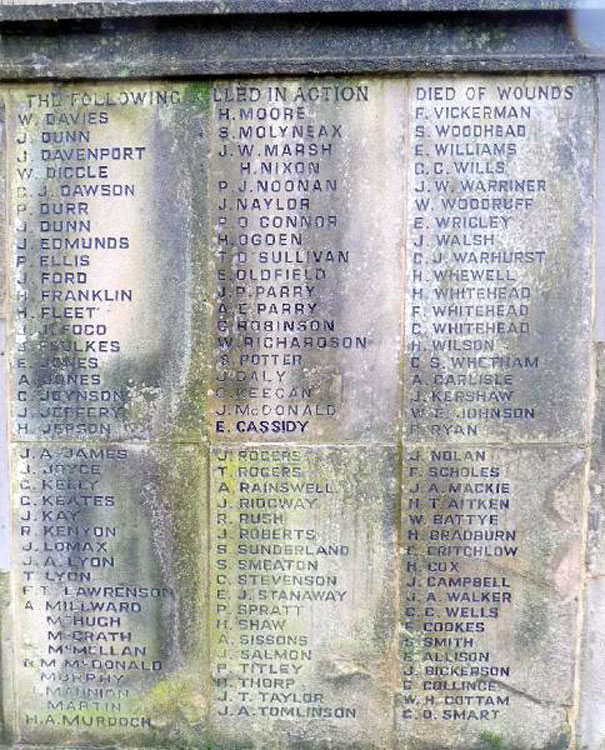 John Davenport's Name on the War Memorial for Collyhurst (Manchester)