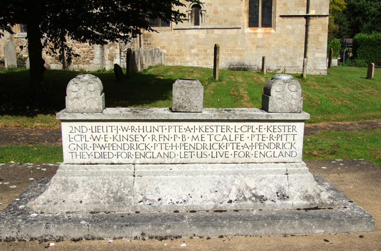 The War Memorial outside St. Peter's Church, Coton (Cambridgeshire), with L/Cpl Kinsey's name on it.