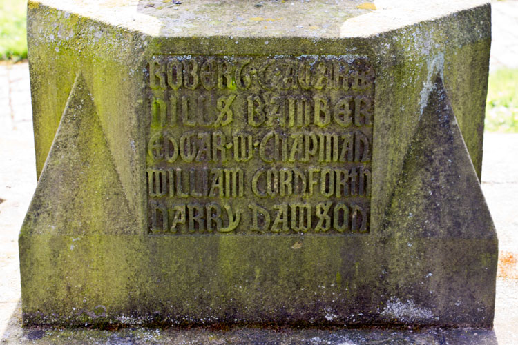 The Names of Robert C Agars, Hills Bamber, Edgar W Chapman, William Cornforth and Harry Dawson on the Coxwold War Memorial.