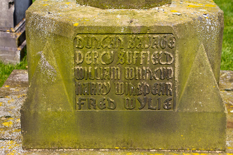 The Names of Percy Dunning, John England, Alfred Hayton, George Horner and James Knowles on the Coxwold War Memorial.