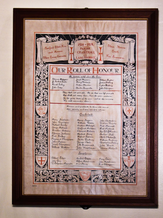 The First World War Roll of Honour in St. Gregory's Church, Crakehall.