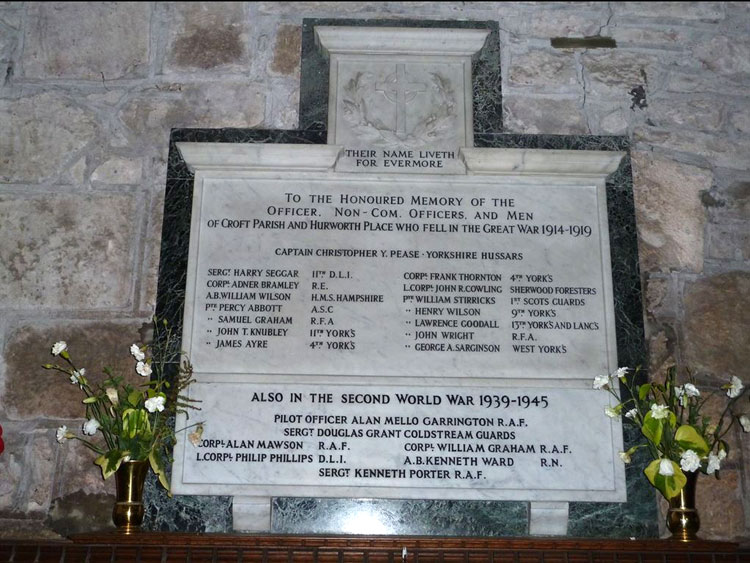 The War Memorial for Croft-on-Tees in St. Peter's Church