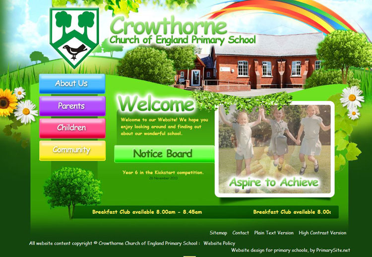 The Home Page (with a glimpse of the school building) of the Crowthorne Church of England Primary School