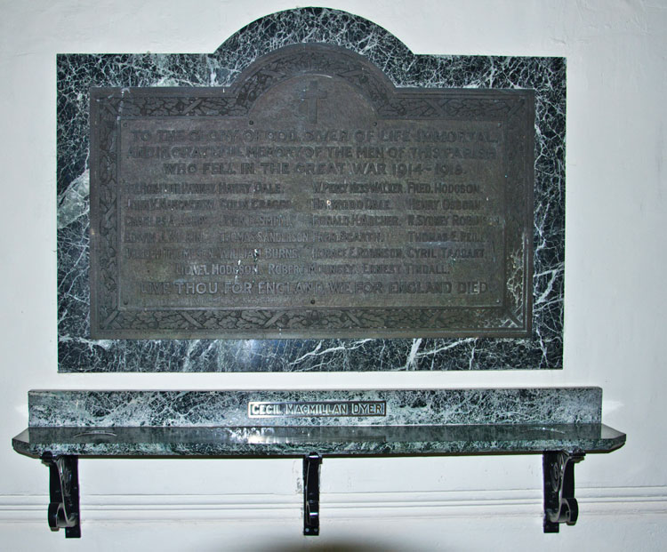 The First World War Memorial inside the Church of St. Hilda, Danby