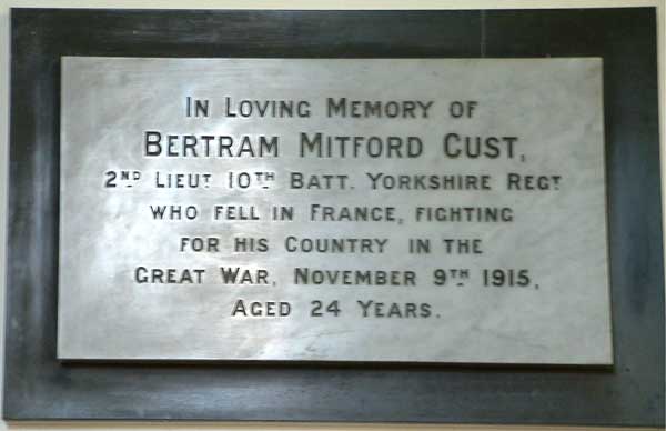 The Memorial to Lieutenant Cust inside the Parish Church, Danby Wiske