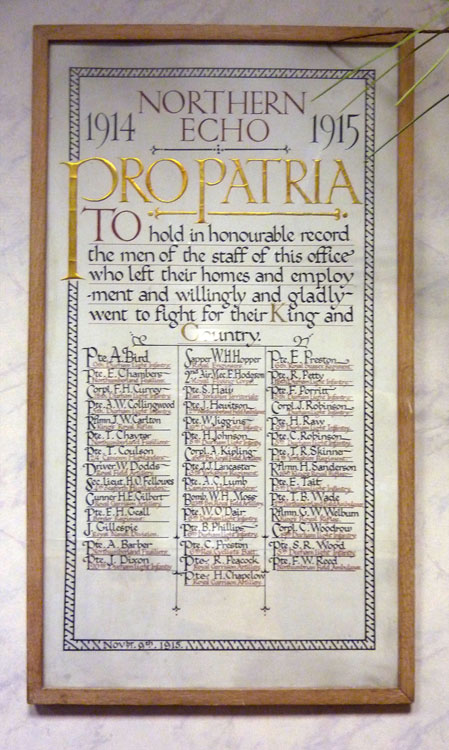 The WW1 Roll of Honour that is located in the Reception Area of the Northern Echo Offices