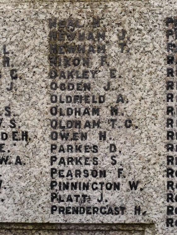 Private Newham's and Pearson's Names on the Denton (Lancs) War Memorial