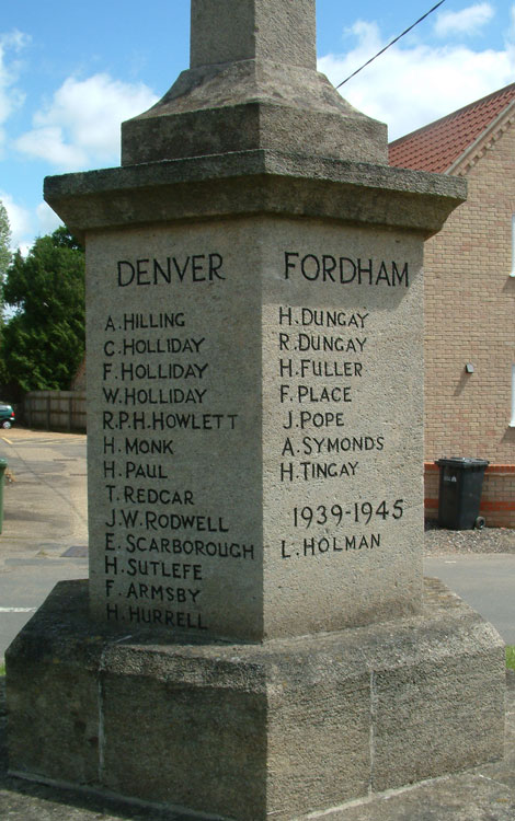 Private W Holliday's Name on the Denver (Norfolk) War Memorial, together with those of his two brothers.